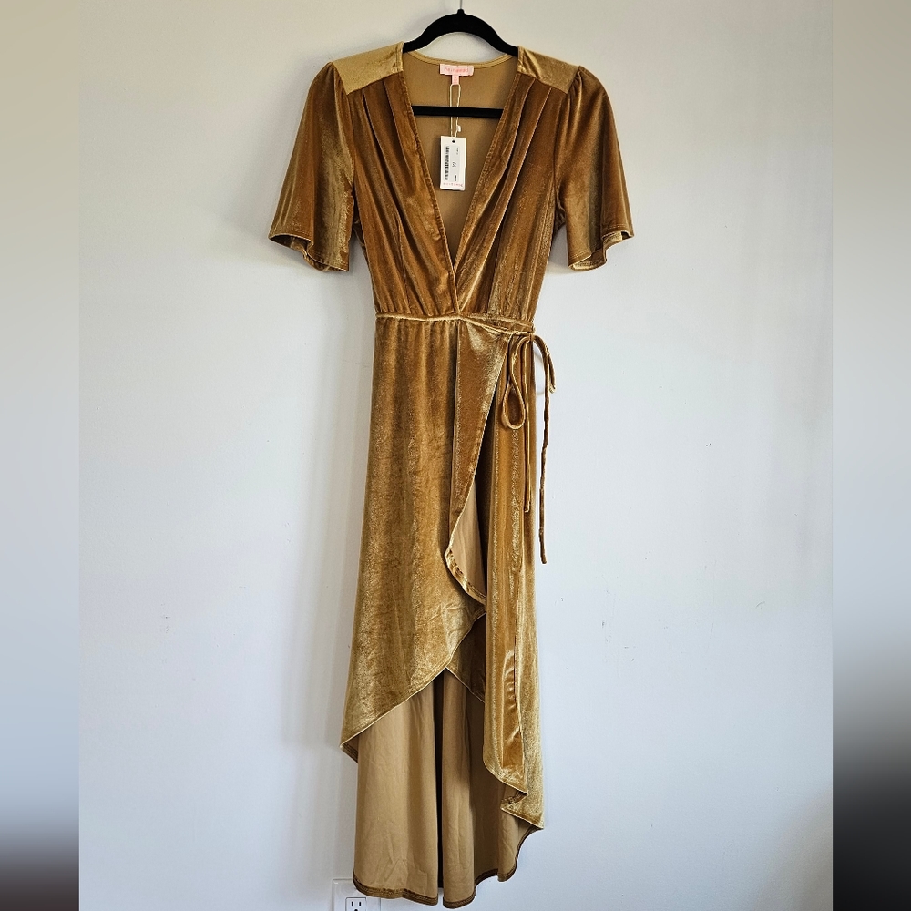 Mustard Gold Velvet-y Wrap Hi Low Dress M Medium